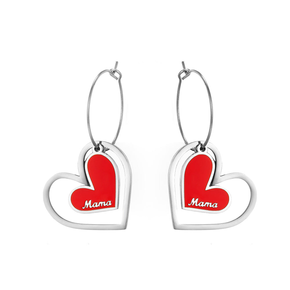 Big And Small Heart-shaped Mama Red Drop Oil Enamel Girls Jewelry Earrings