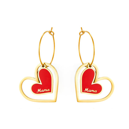 Big And Small Heart-shaped Mama Red Drop Oil Enamel Girls Jewelry Earrings