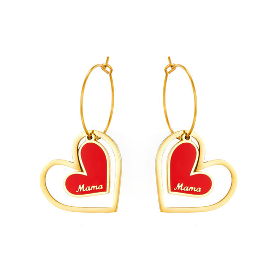 Big And Small Heart-shaped Mama Red Drop Oil Enamel Girls Jewelry Earrings
