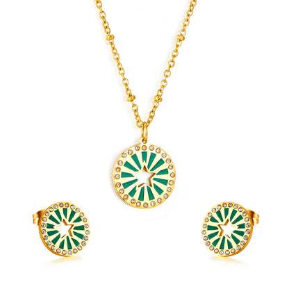Center of the Circle Star-shaped Green Drop Oil With Diamond Enamel Girls Kids Jewelry