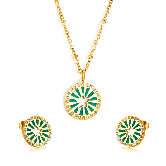 Center of the Circle Star-shaped Green Drop Oil With Diamond Enamel Girls Kids Jewelry