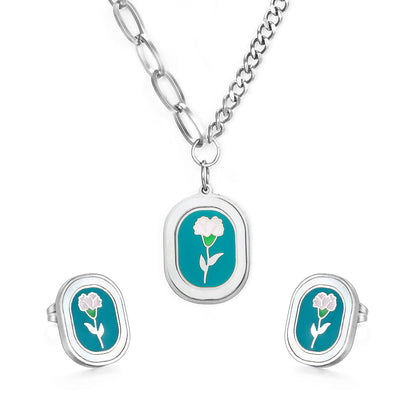 Fashion Carnation Enamel Girls Kids Jewelry Dark Green Drop Oil Jewelry Set