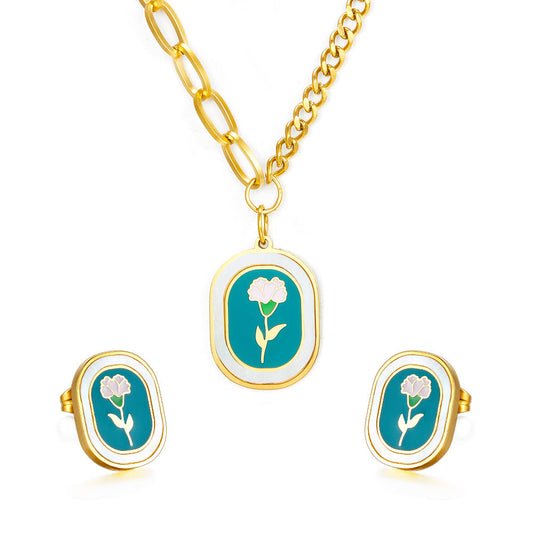 Fashion Carnation Enamel Girls Kids Jewelry Dark Green Drop Oil Jewelry Set