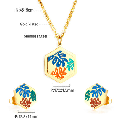 Hexagon Edge With Mixed Color Leaf Jewelry Set Enamel Girls Kids Jewelry