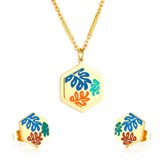 Hexagon Edge With Mixed Color Leaf Jewelry Set Enamel Girls Kids Jewelry