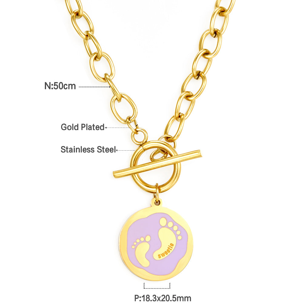 Round Accessory With Purple Double Footprint Enamel Girls Kids Jewelry Necklace