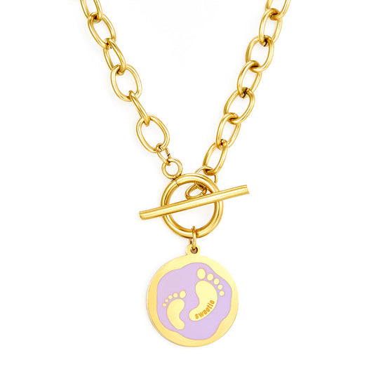 Round Accessory With Purple Double Footprint Enamel Girls Kids Jewelry Necklace