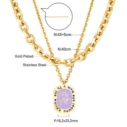 Oval Accessory With Purple Mother-baby Double Chain Enamel Girls Kids Jewelry Necklace