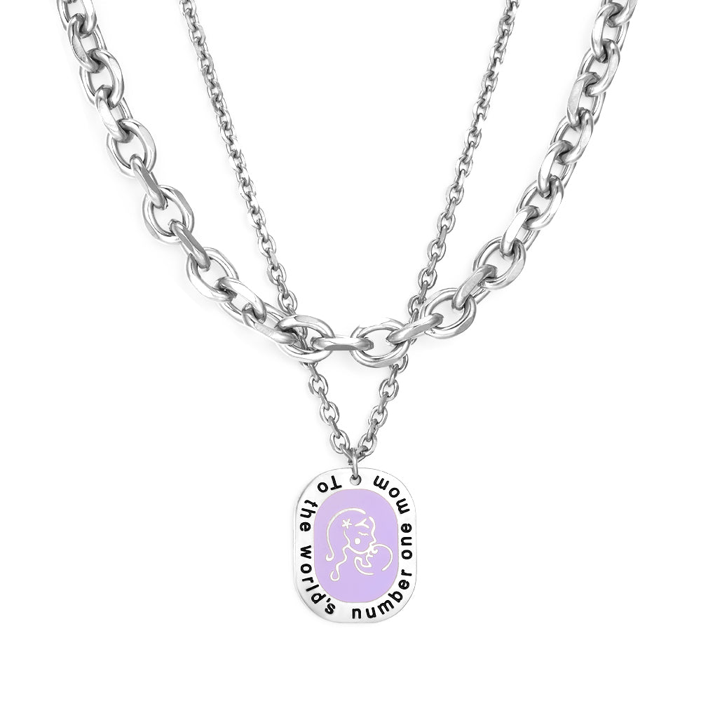 Oval Accessory With Purple Mother-baby Double Chain Enamel Girls Kids Jewelry Necklace