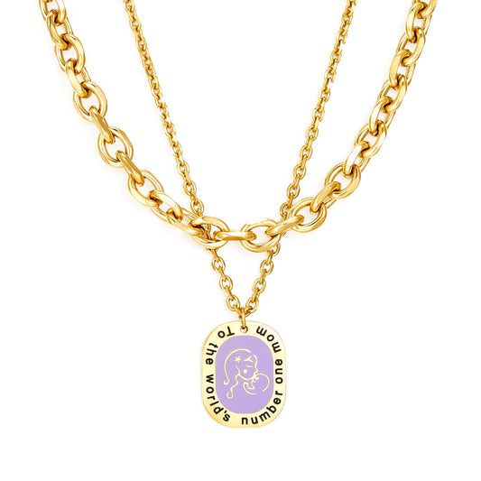 Oval Accessory With Purple Mother-baby Double Chain Enamel Girls Kids Jewelry Necklace