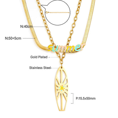 Summer Mixed Color Letters+Shield Double Chain Necklace