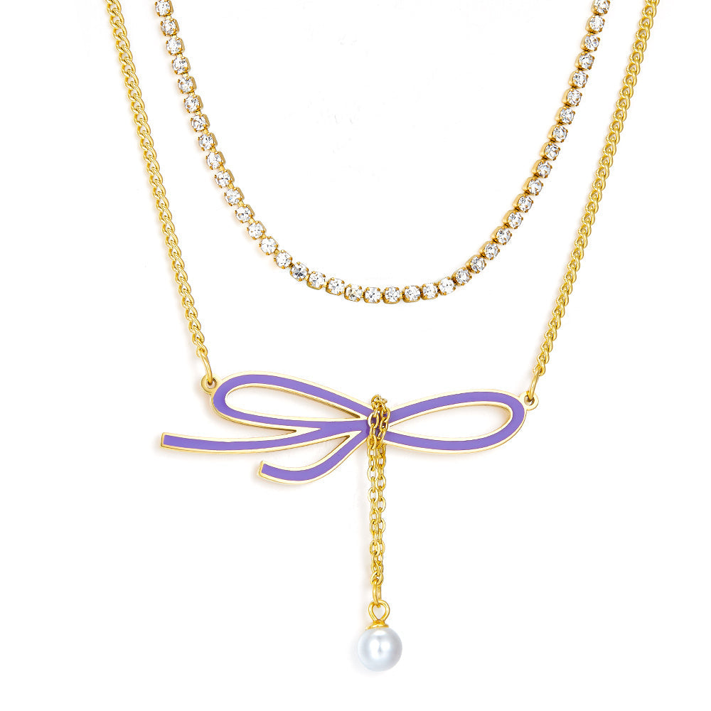 Odd-shaped Bow Purple With White Pearl + White Diamond With Chain Double Chain Necklace