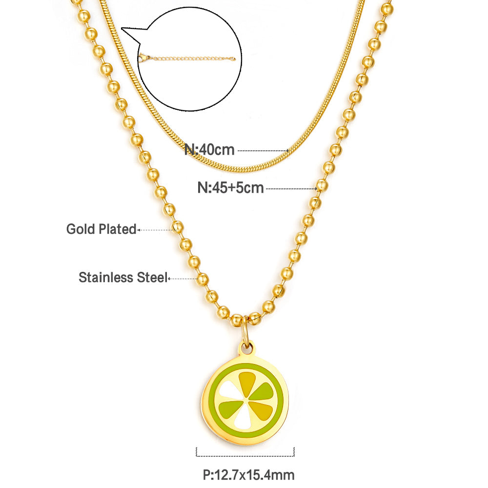 Enamel Girls Kids Jewelry Lemon Slice Mixed Color+Chain Double Chain Necklace
