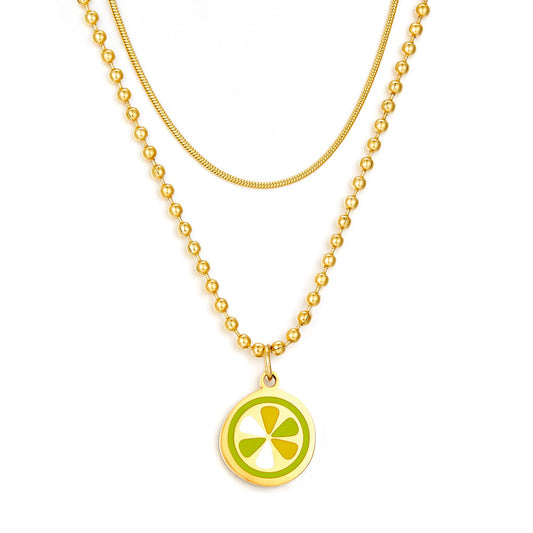 Enamel Girls Kids Jewelry Lemon Slice Mixed Color+Chain Double Chain Necklace