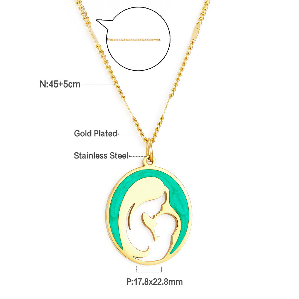 Stainless Steel Fashion Green Mother and Baby Accessory Enamel Girls Kids Jewelry Necklace