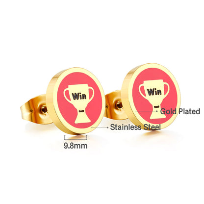 Enamel Girls Kids Jewelry Stainless Steel Trophy Rose Red Cut Stud Earrings