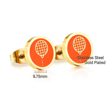 Enamel Girls Kids Jewelry Stainless Steel Tennis Racket Brown Cut Stud Earrings