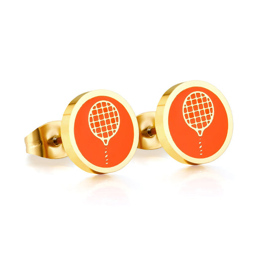 Enamel Girls Kids Jewelry Stainless Steel Tennis Racket Brown Cut Stud Earrings