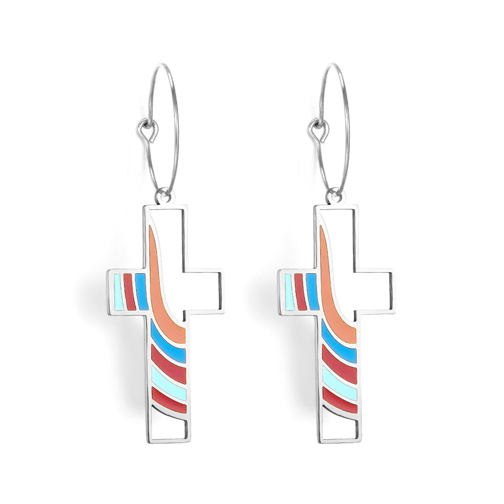 Circle with Cross Hollow Color Bar Mixed Color Enamel Girls Kids Jewelry Earrings