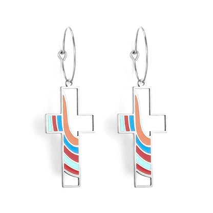 Circle with Cross Hollow Color Bar Mixed Color Enamel Girls Kids Jewelry Earrings
