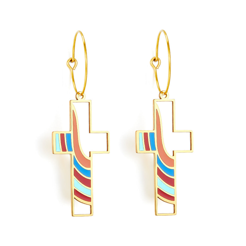 Circle with Cross Hollow Color Bar Mixed Color Enamel Girls Kids Jewelry Earrings