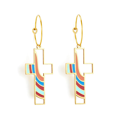 Circle with Cross Hollow Color Bar Mixed Color Enamel Girls Kids Jewelry Earrings