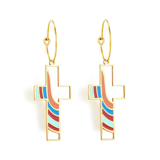 Circle with Cross Hollow Color Bar Mixed Color Enamel Girls Kids Jewelry Earrings
