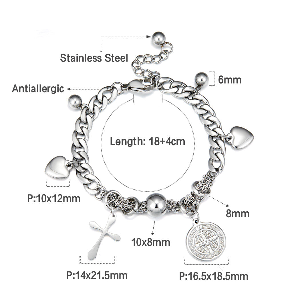 Round Accessories + Cross+2 Heart-shapeds +3 Steel Balls bracelet