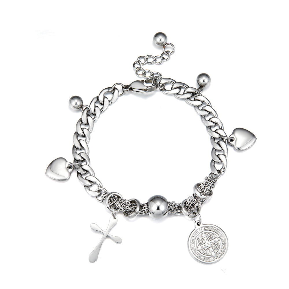 Round Accessories + Cross+2 Heart-shapeds +3 Steel Balls bracelet