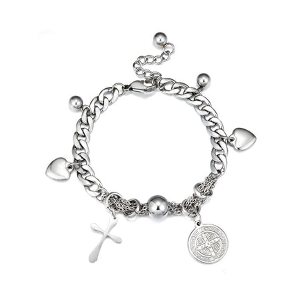 Round Accessories + Cross+2 Heart-shapeds +3 Steel Balls bracelet