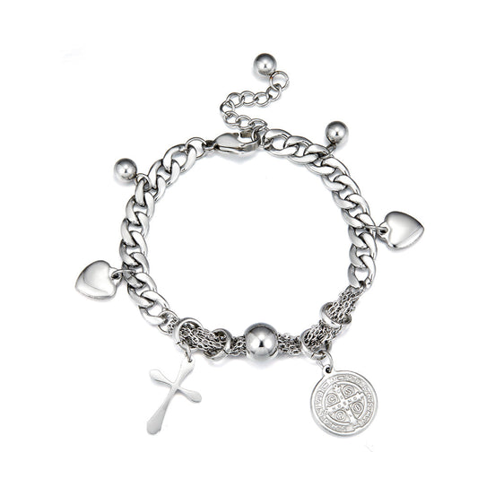 Round Accessories + Cross+2 Heart-shapeds +3 Steel Balls bracelet