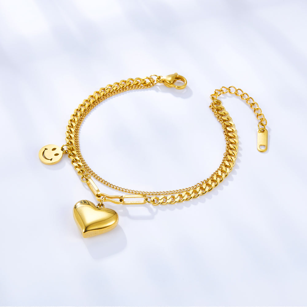 Stainless Steel Heart-shaped and Smiley Face Accessories Double Bracelet