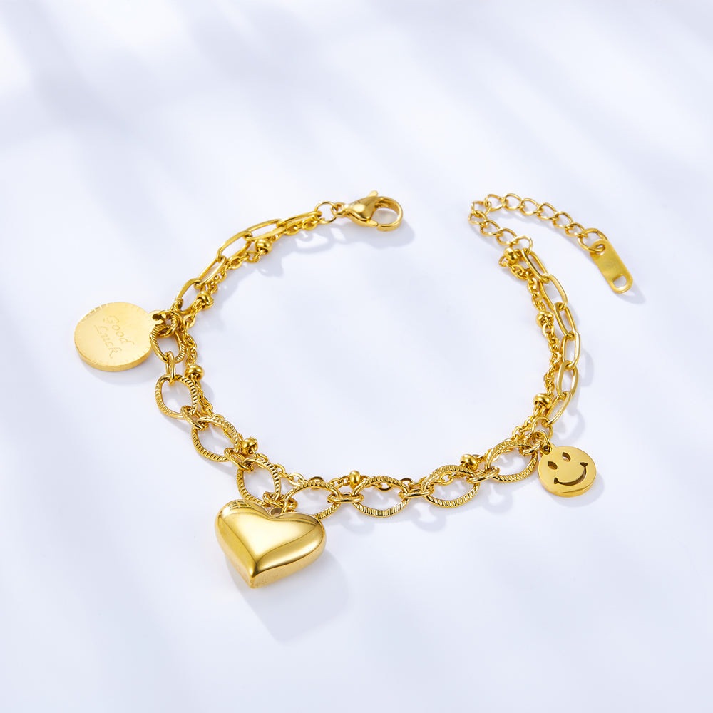 Heart-shaped+Round+Smiley Accessories Double Bracelet