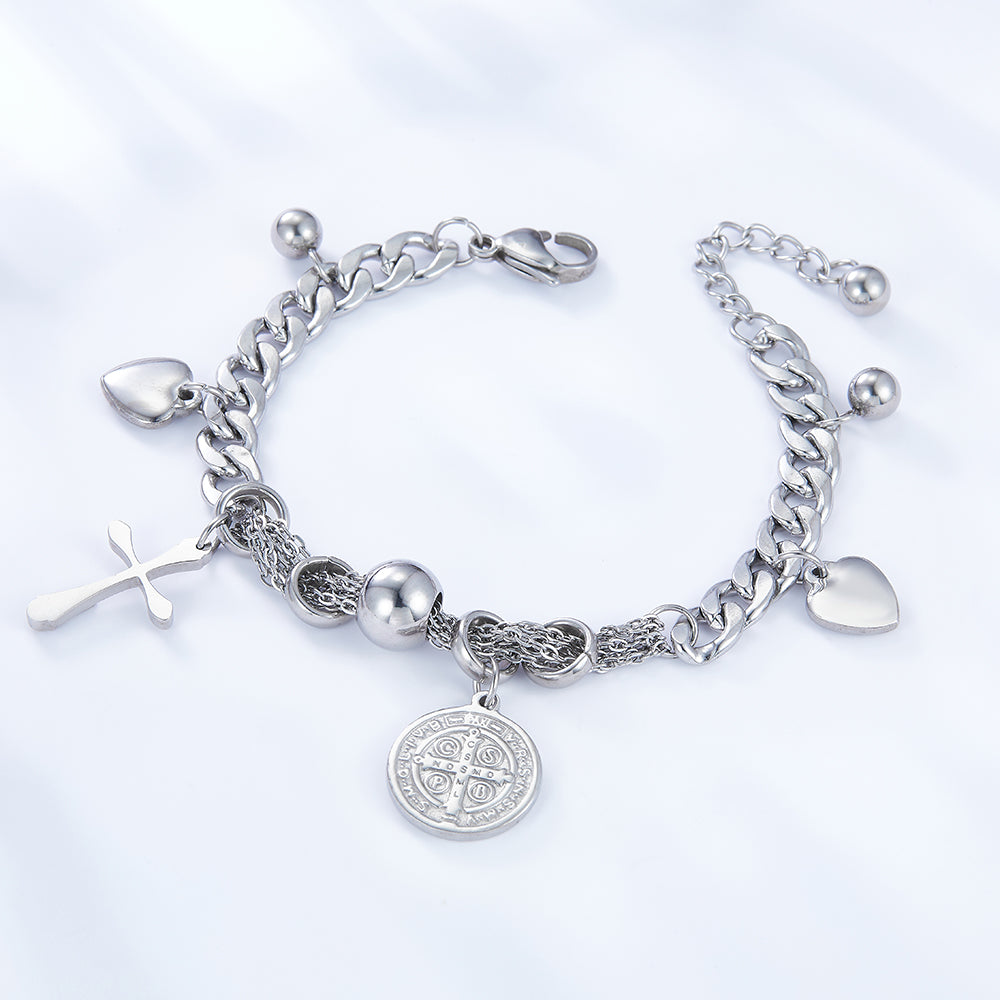 Round Accessories + Cross+2 Heart-shapeds +3 Steel Balls bracelet