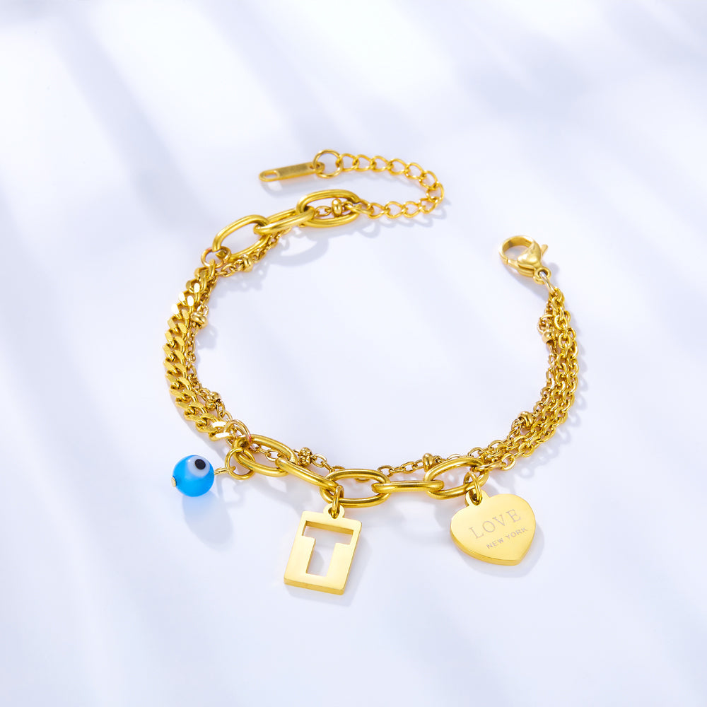 Heart-shaped+Rectangular T-shaped Hollow+1 Blue Eyeball Double Bracelet