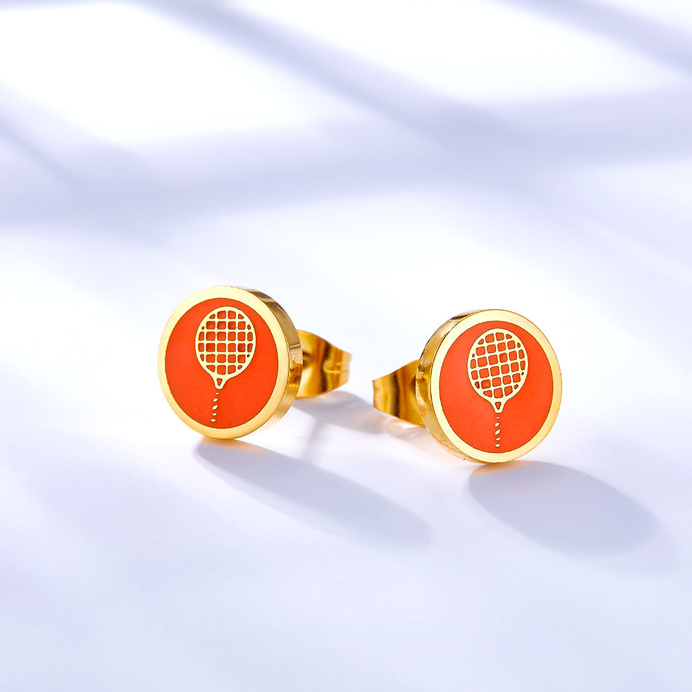 Enamel Girls Kids Jewelry Stainless Steel Tennis Racket Brown Cut Stud Earrings