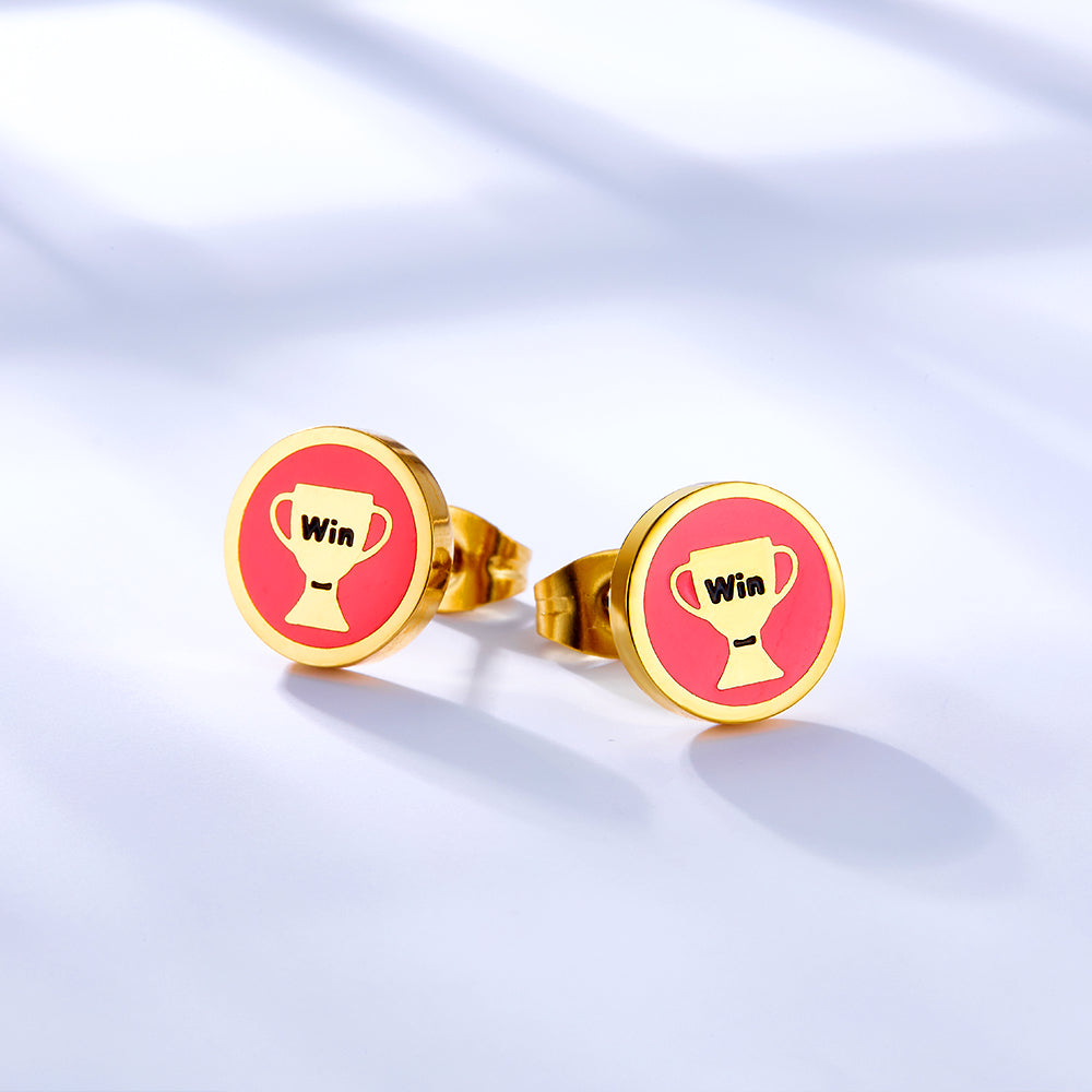 Enamel Girls Kids Jewelry Stainless Steel Trophy Rose Red Cut Stud Earrings