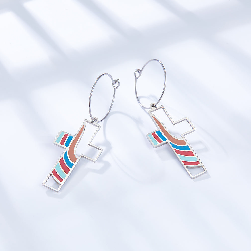 Circle with Cross Hollow Color Bar Mixed Color Enamel Girls Kids Jewelry Earrings