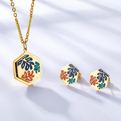 Hexagon Edge With Mixed Color Leaf Jewelry Set Enamel Girls Kids Jewelry