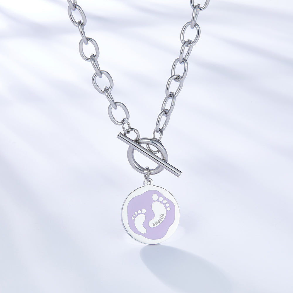 Round Accessory With Purple Double Footprint Enamel Girls Kids Jewelry Necklace