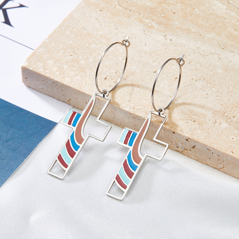 Circle with Cross Hollow Color Bar Mixed Color Enamel Girls Kids Jewelry Earrings