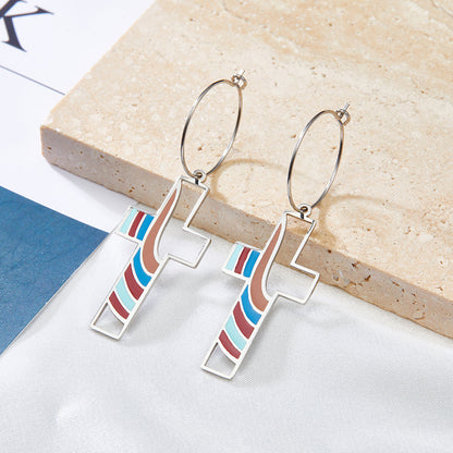 Circle with Cross Hollow Color Bar Mixed Color Enamel Girls Kids Jewelry Earrings