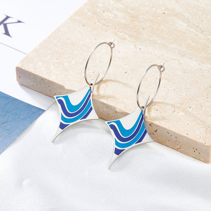 Circle with Long Star-shaped Seawater Mixed Color Enamel Girls Kids Earrings