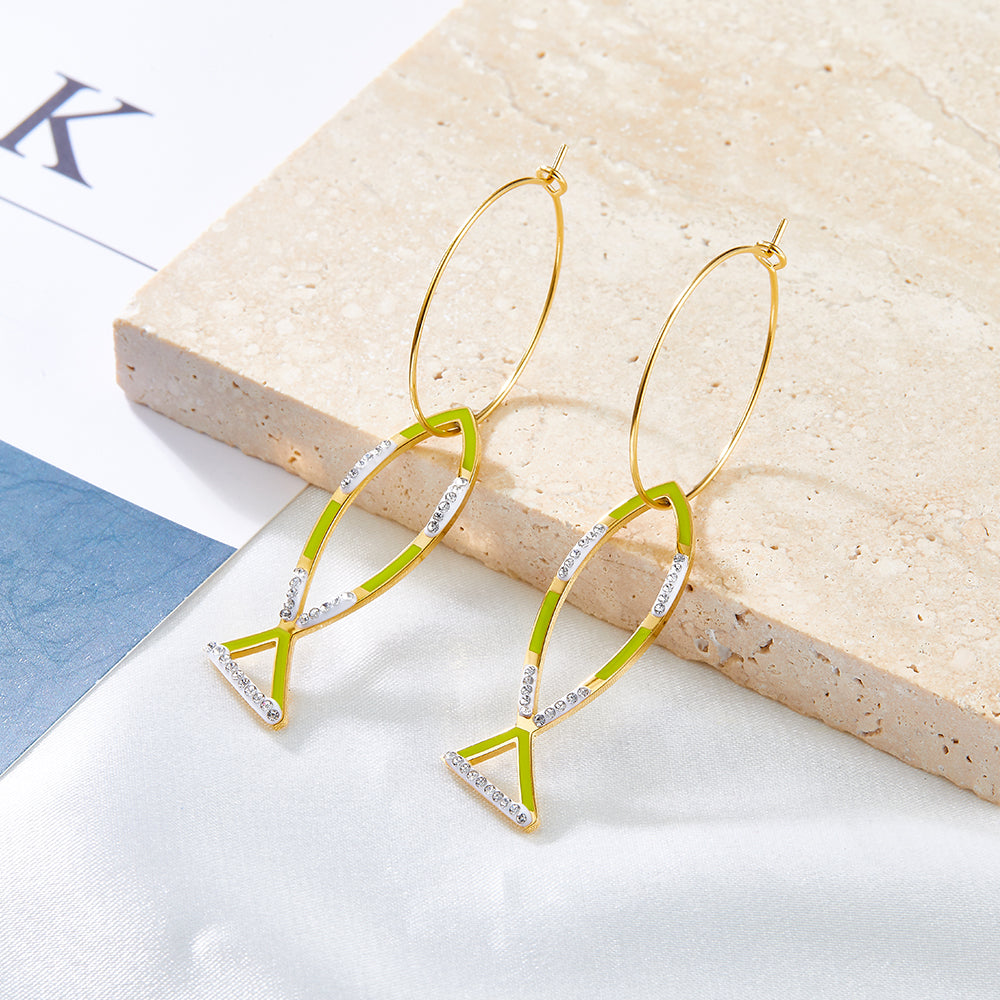 Circle With Fish-shaped Hollow Mixed Color With Diamond Earrings