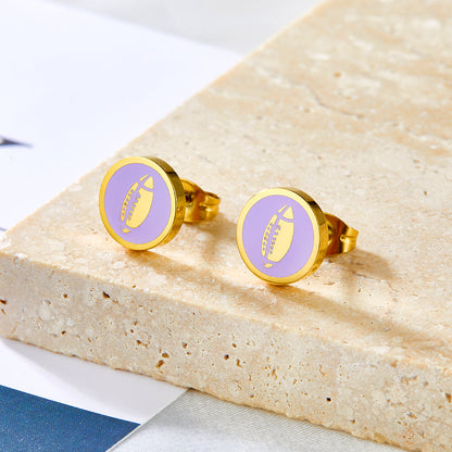 Enamel Girls Kids Jewelry 18k Gold Plated Rugby Purple Cut Stud Earrings