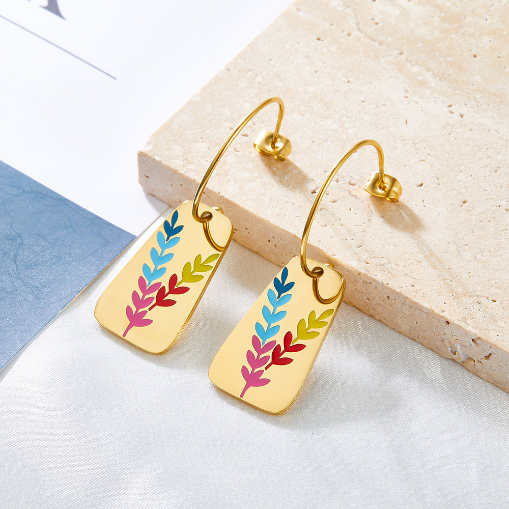 Enamel Girls Kids Jewelry Half Circle With Steel Ball With Oval Leaf Figure Mixed Color Earrings