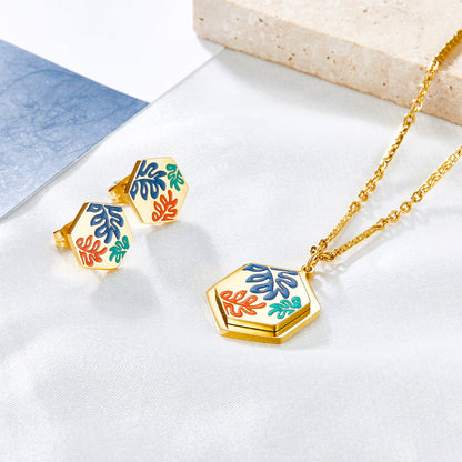Hexagon Edge With Mixed Color Leaf Jewelry Set Enamel Girls Kids Jewelry