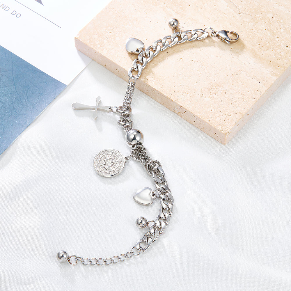 Round Accessories + Cross+2 Heart-shapeds +3 Steel Balls bracelet
