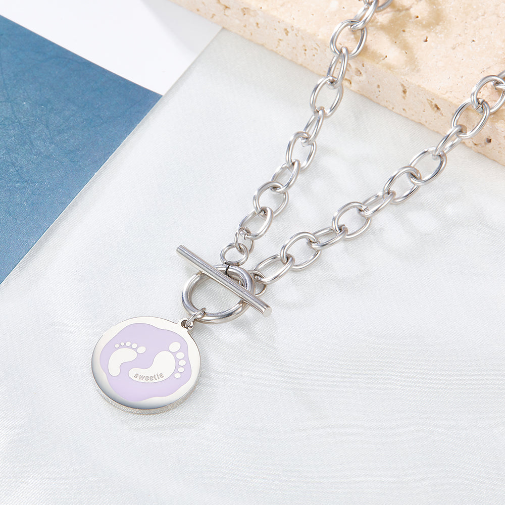 Round Accessory With Purple Double Footprint Enamel Girls Kids Jewelry Necklace