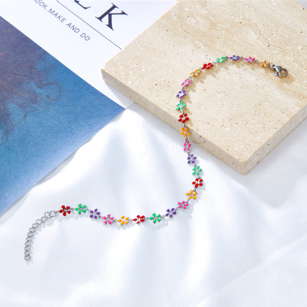 Stainless Steel 25 Mixed Color Peach Blossoms Anklet